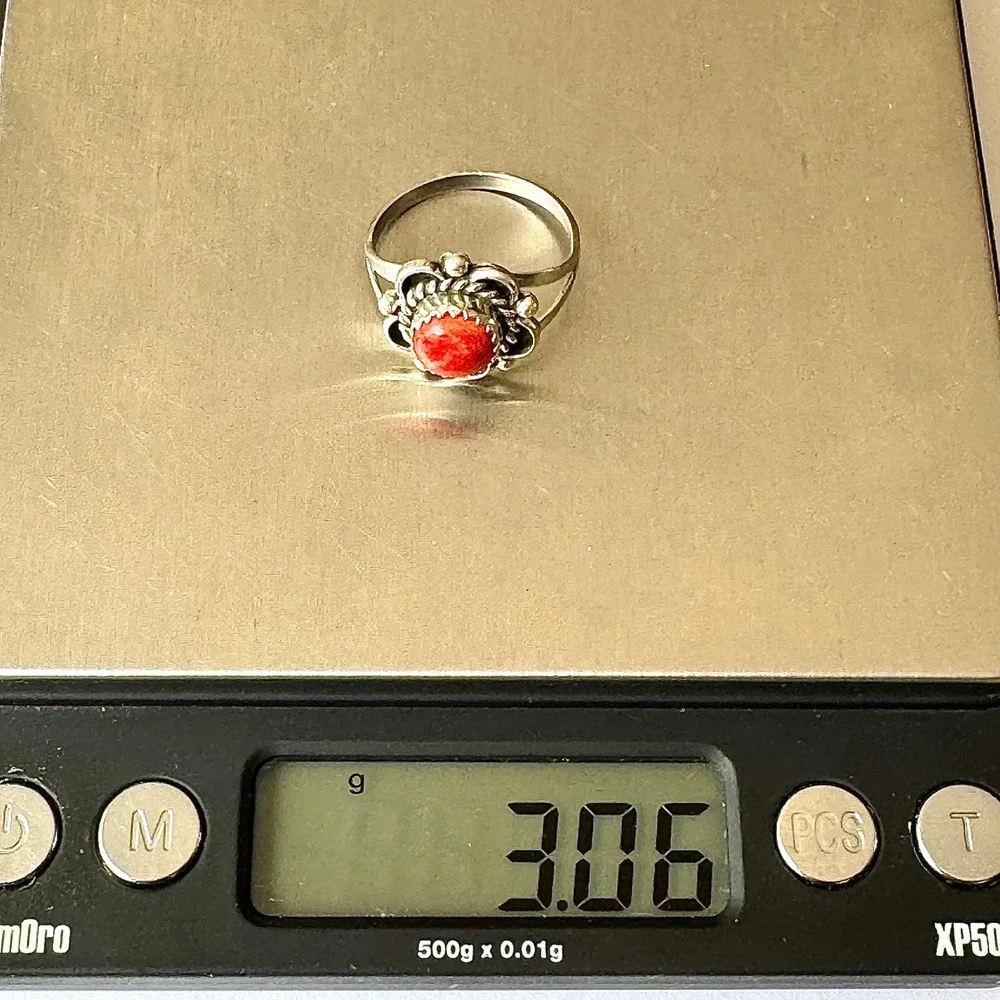 Navajo Flower Ring Red Spiny Oyster Sz 9 Sterling Silver Scalloped Native Amer